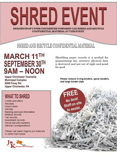 From 9 AM to 12 Noon at Public Works Yard, 2201 Florey Ln, Abington, PA 19001. . Baltimore county shredding events 2023